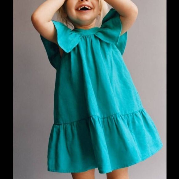 Zara girls size 3-4 year teal green turquoise 100% linen short ruffle sleeve min - Picture 2 of 5